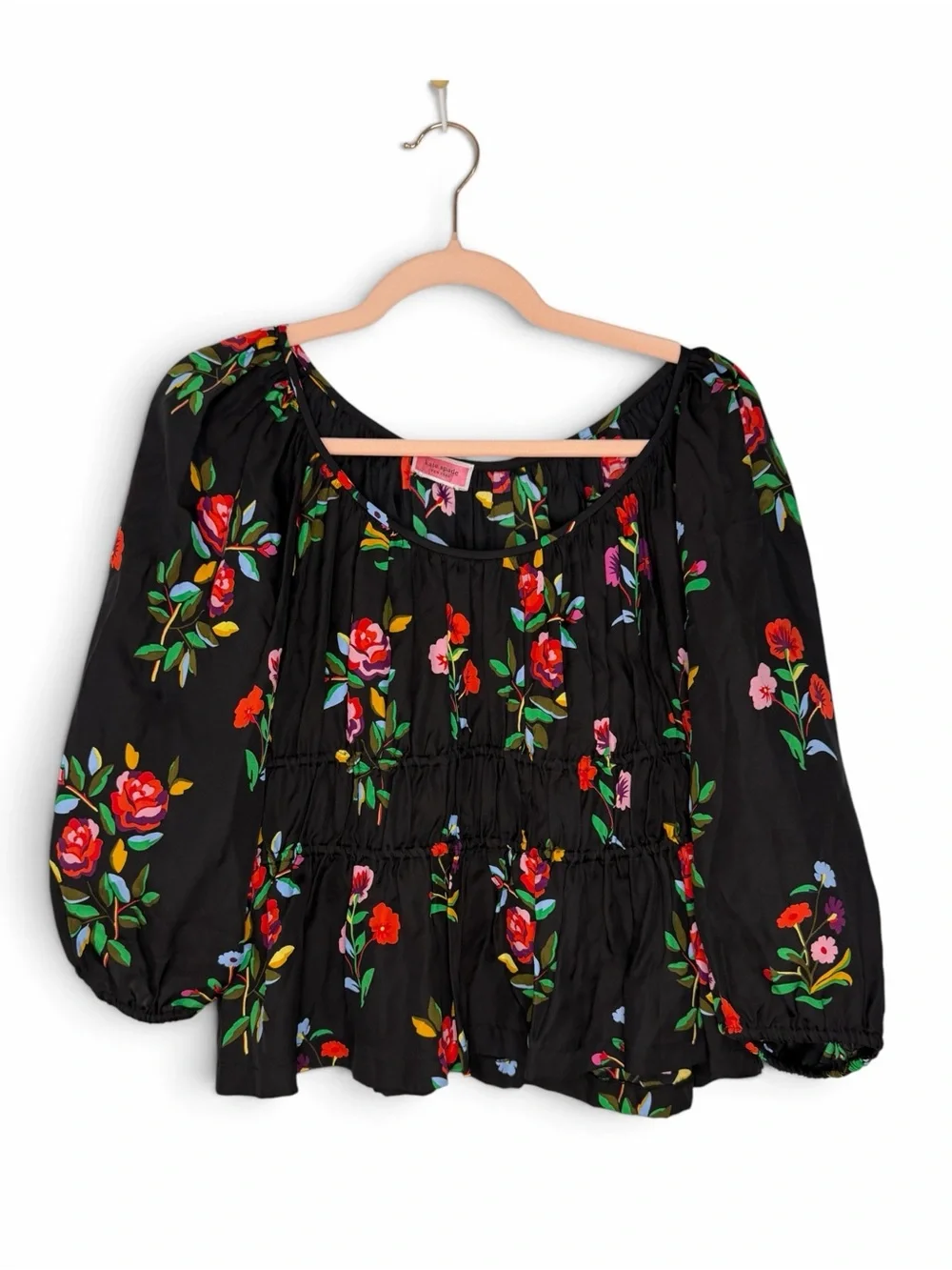 Kate Spade  Floral Riviera Smocked Puff Sleeve - Black/Multi- S- MSRP $268